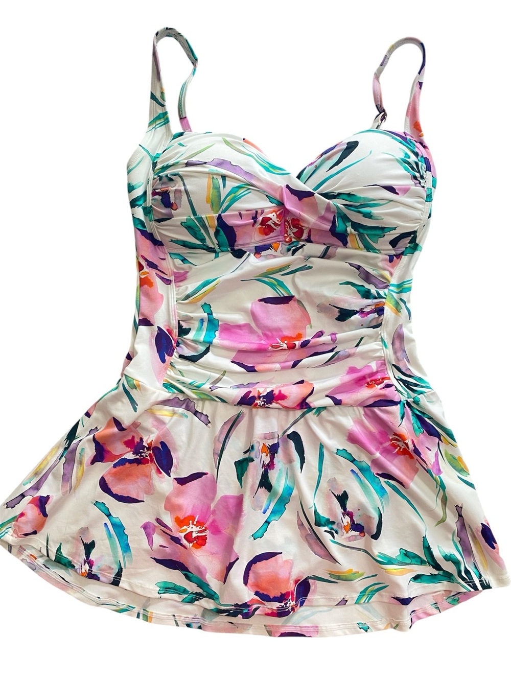 Liz Claiborne White Floral One-Piece Swim Dress with Pink, Teal & Purple